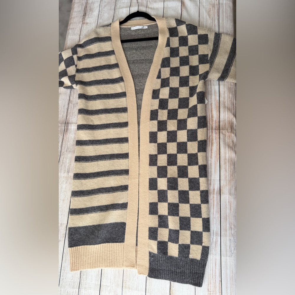Altar’d State M Checkerboard Striped Longline Duster Cardigan Sweater NWT - Picture 9 of 13